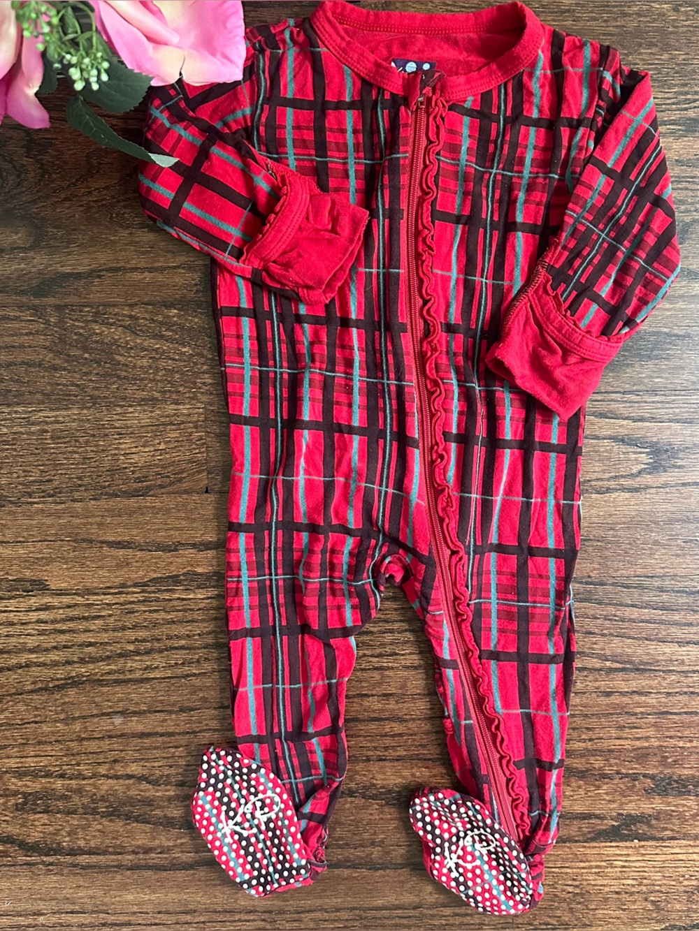 Kickee Pants plaid footie sleeper, size 6-9mo